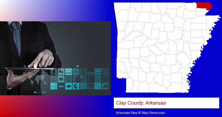 information technology concepts; Clay County, Arkansas highlighted in red on a map