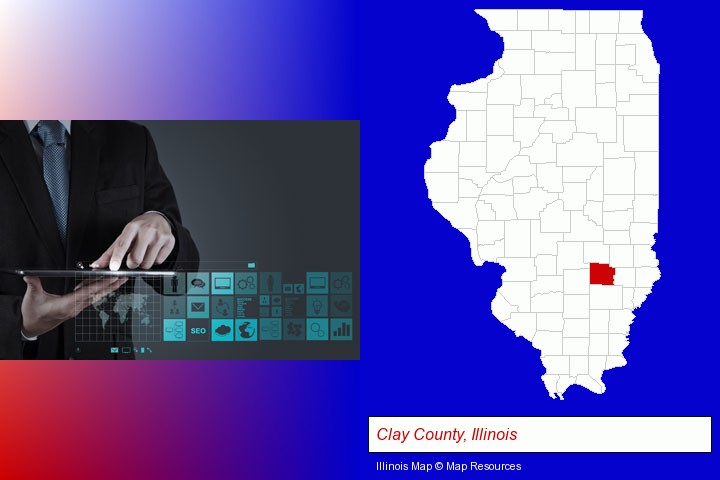 information technology concepts; Clay County, Illinois highlighted in red on a map
