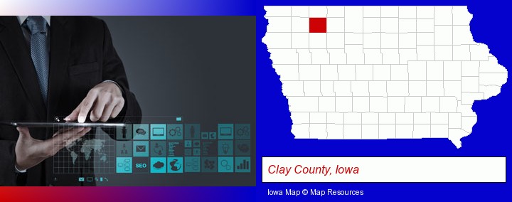 information technology concepts; Clay County, Iowa highlighted in red on a map
