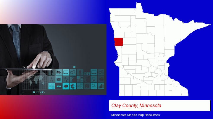information technology concepts; Clay County, Minnesota highlighted in red on a map