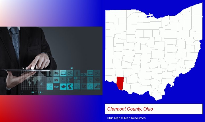 information technology concepts; Clermont County, Ohio highlighted in red on a map