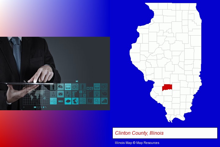 information technology concepts; Clinton County, Illinois highlighted in red on a map
