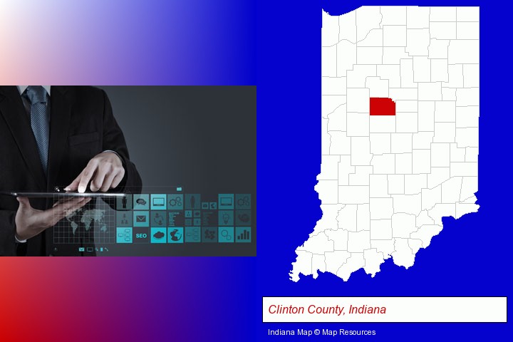 information technology concepts; Clinton County, Indiana highlighted in red on a map