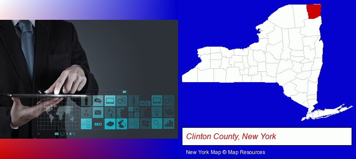 information technology concepts; Clinton County, New York highlighted in red on a map