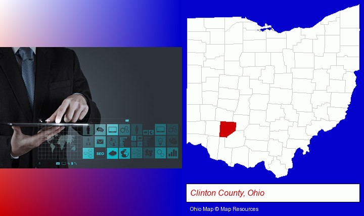information technology concepts; Clinton County, Ohio highlighted in red on a map
