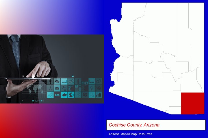 information technology concepts; Cochise County, Arizona highlighted in red on a map