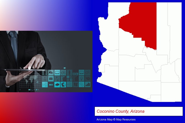 information technology concepts; Coconino County, Arizona highlighted in red on a map