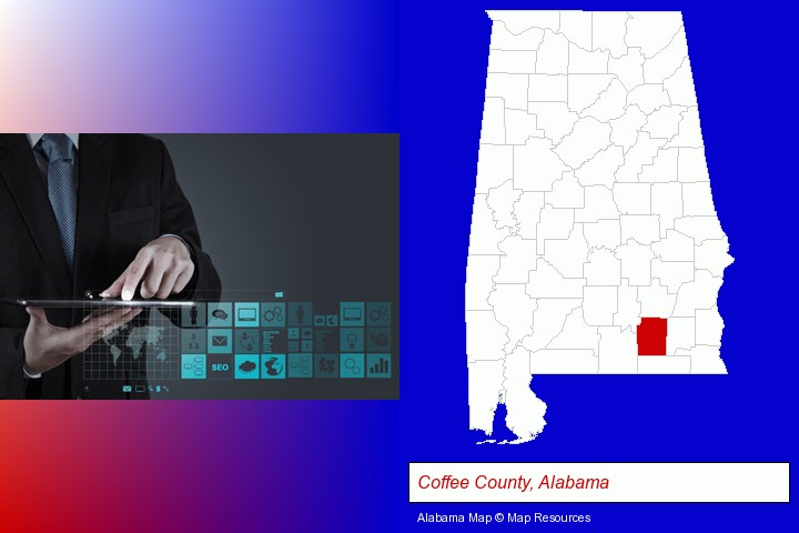 information technology concepts; Coffee County, Alabama highlighted in red on a map