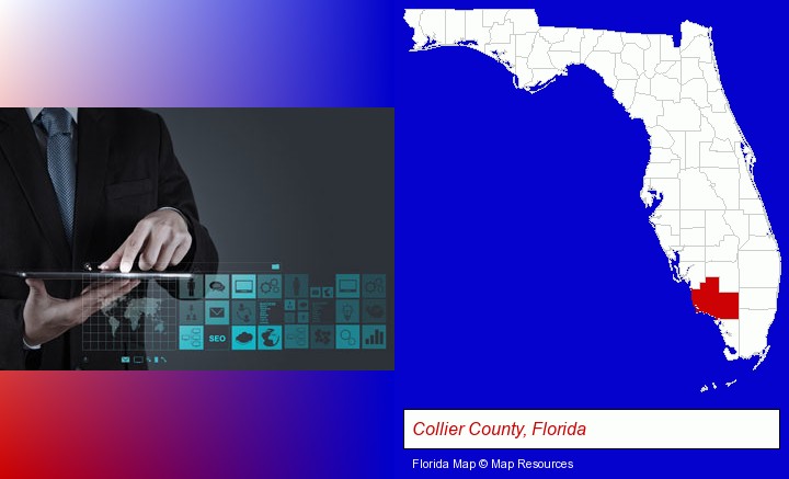 information technology concepts; Collier County, Florida highlighted in red on a map