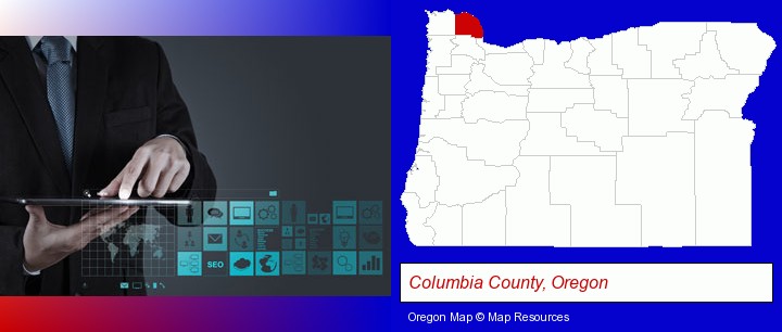 information technology concepts; Columbia County, Oregon highlighted in red on a map