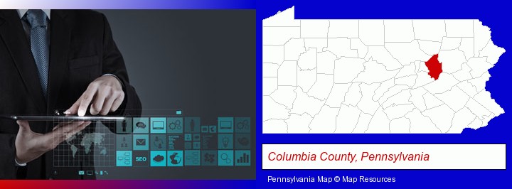 information technology concepts; Columbia County, Pennsylvania highlighted in red on a map
