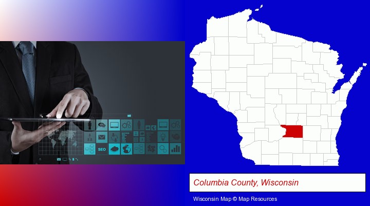 information technology concepts; Columbia County, Wisconsin highlighted in red on a map