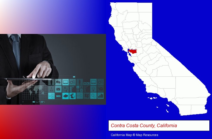 information technology concepts; Contra Costa County, California highlighted in red on a map