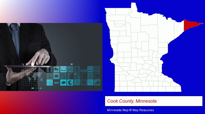 information technology concepts; Cook County, Minnesota highlighted in red on a map