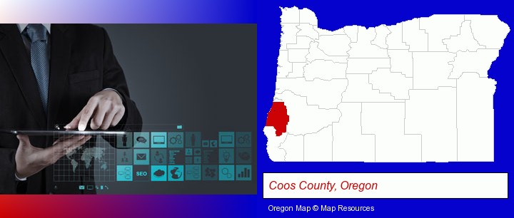 information technology concepts; Coos County, Oregon highlighted in red on a map