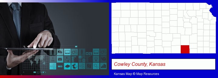 information technology concepts; Cowley County, Kansas highlighted in red on a map