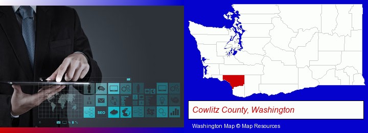 information technology concepts; Cowlitz County, Washington highlighted in red on a map