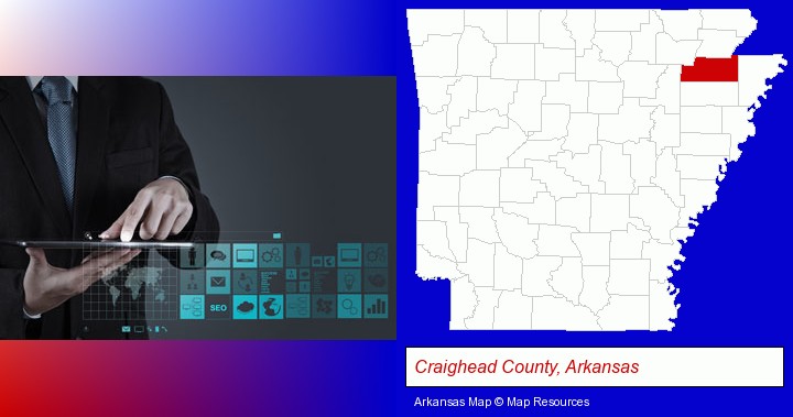 information technology concepts; Craighead County, Arkansas highlighted in red on a map