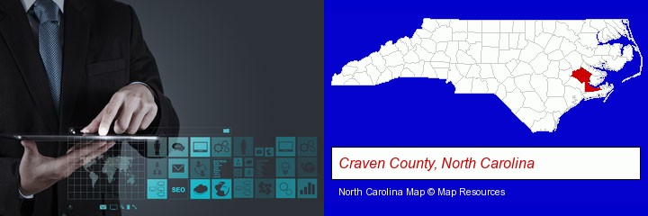 information technology concepts; Craven County, North Carolina highlighted in red on a map