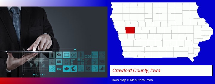 information technology concepts; Crawford County, Iowa highlighted in red on a map