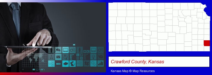 information technology concepts; Crawford County, Kansas highlighted in red on a map