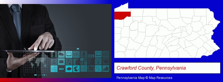 information technology concepts; Crawford County, Pennsylvania highlighted in red on a map