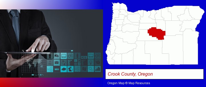 information technology concepts; Crook County, Oregon highlighted in red on a map