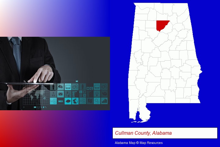 information technology concepts; Cullman County, Alabama highlighted in red on a map