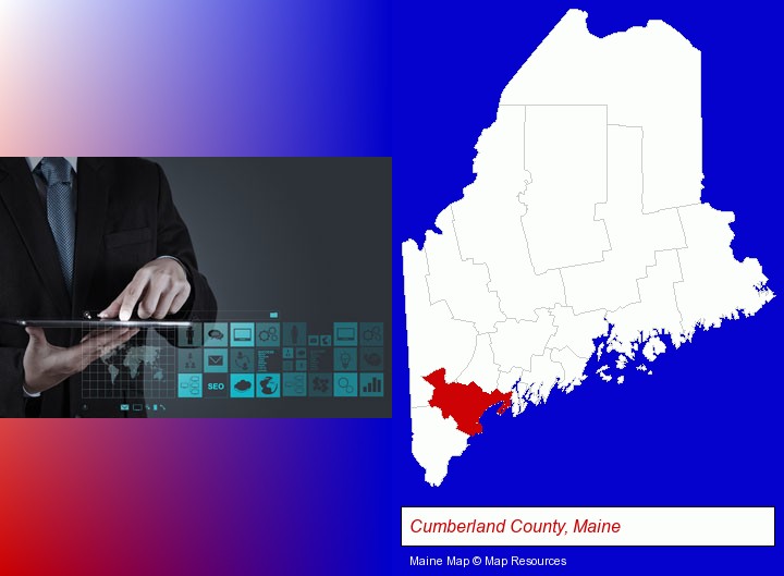 information technology concepts; Cumberland County, Maine highlighted in red on a map