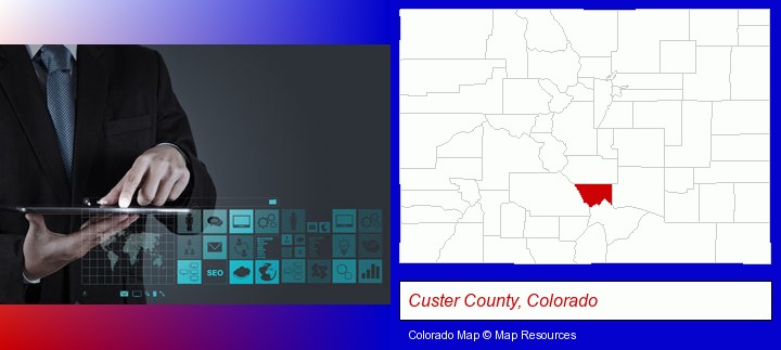 information technology concepts; Custer County, Colorado highlighted in red on a map