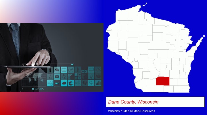 information technology concepts; Dane County, Wisconsin highlighted in red on a map