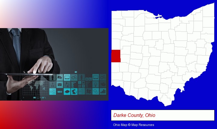 information technology concepts; Darke County, Ohio highlighted in red on a map