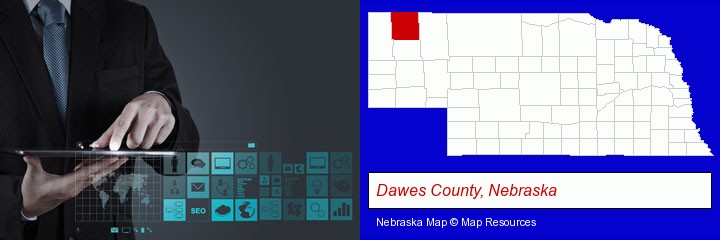 information technology concepts; Dawes County, Nebraska highlighted in red on a map