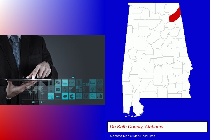 information technology concepts; De Kalb County, Alabama highlighted in red on a map