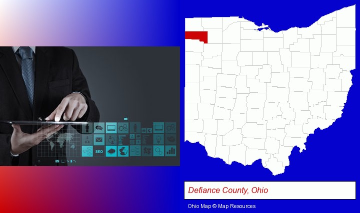information technology concepts; Defiance County, Ohio highlighted in red on a map