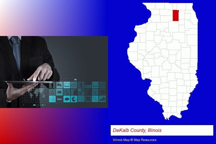 information technology concepts; DeKalb County, Illinois highlighted in red on a map