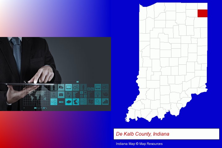 information technology concepts; De Kalb County, Indiana highlighted in red on a map