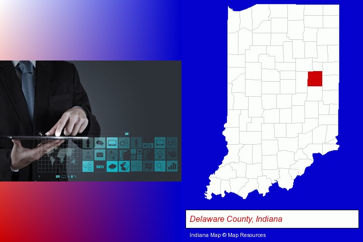 information technology concepts; Delaware County, Indiana highlighted in red on a map