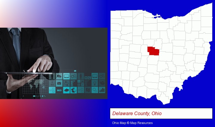 information technology concepts; Delaware County, Ohio highlighted in red on a map