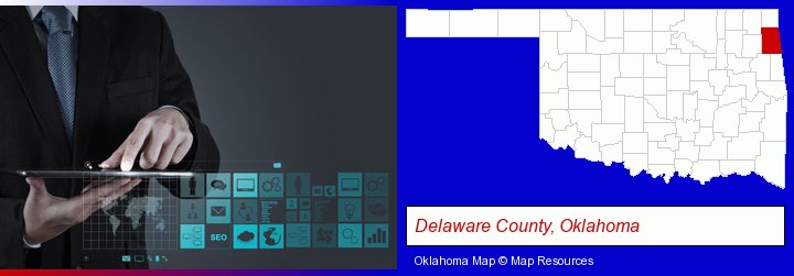 information technology concepts; Delaware County, Oklahoma highlighted in red on a map