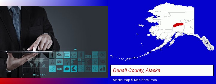 information technology concepts; Denali County, Alaska highlighted in red on a map