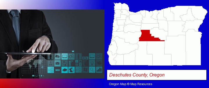 information technology concepts; Deschutes County, Oregon highlighted in red on a map