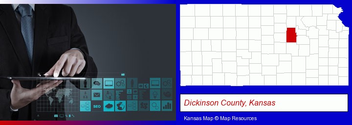 information technology concepts; Dickinson County, Kansas highlighted in red on a map