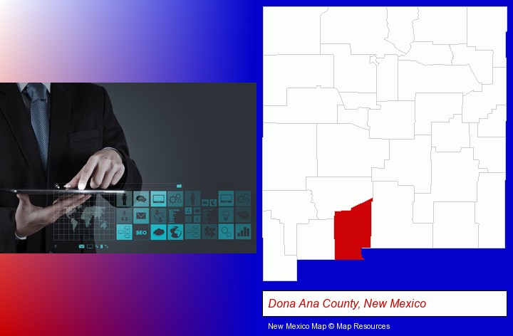 information technology concepts; Dona Ana County, New Mexico highlighted in red on a map