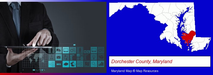 information technology concepts; Dorchester County, Maryland highlighted in red on a map