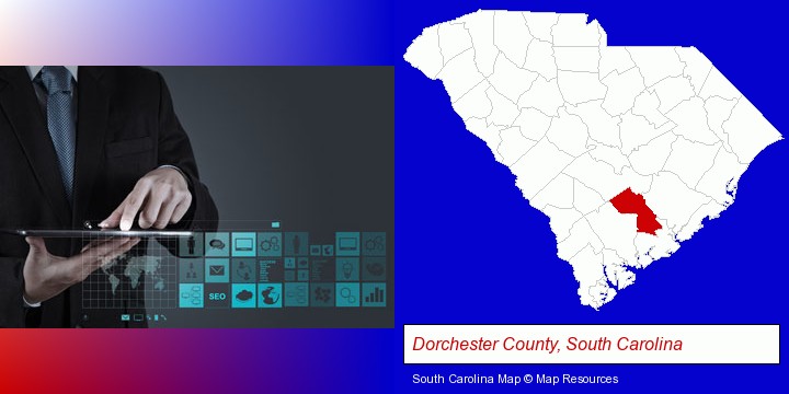 information technology concepts; Dorchester County, South Carolina highlighted in red on a map
