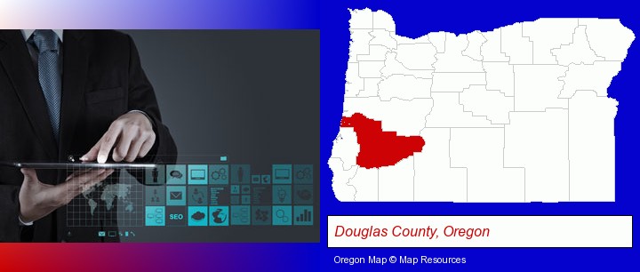 information technology concepts; Douglas County, Oregon highlighted in red on a map