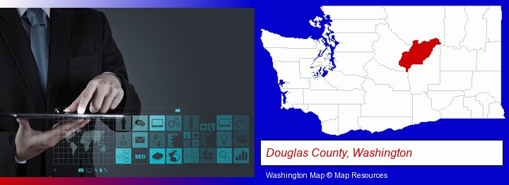 information technology concepts; Douglas County, Washington highlighted in red on a map
