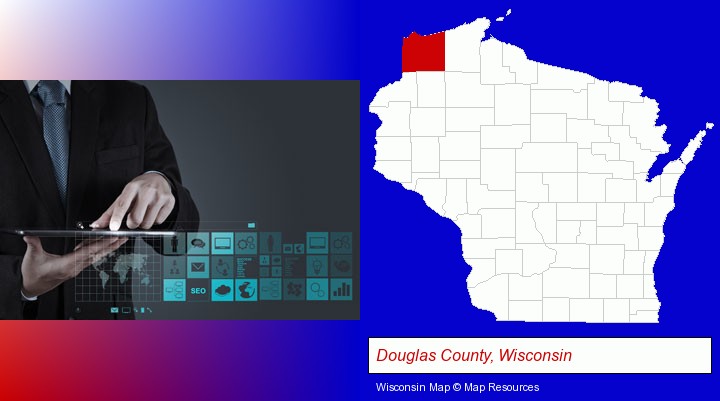 information technology concepts; Douglas County, Wisconsin highlighted in red on a map