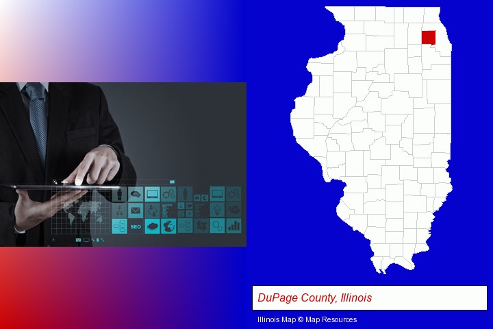 information technology concepts; DuPage County, Illinois highlighted in red on a map